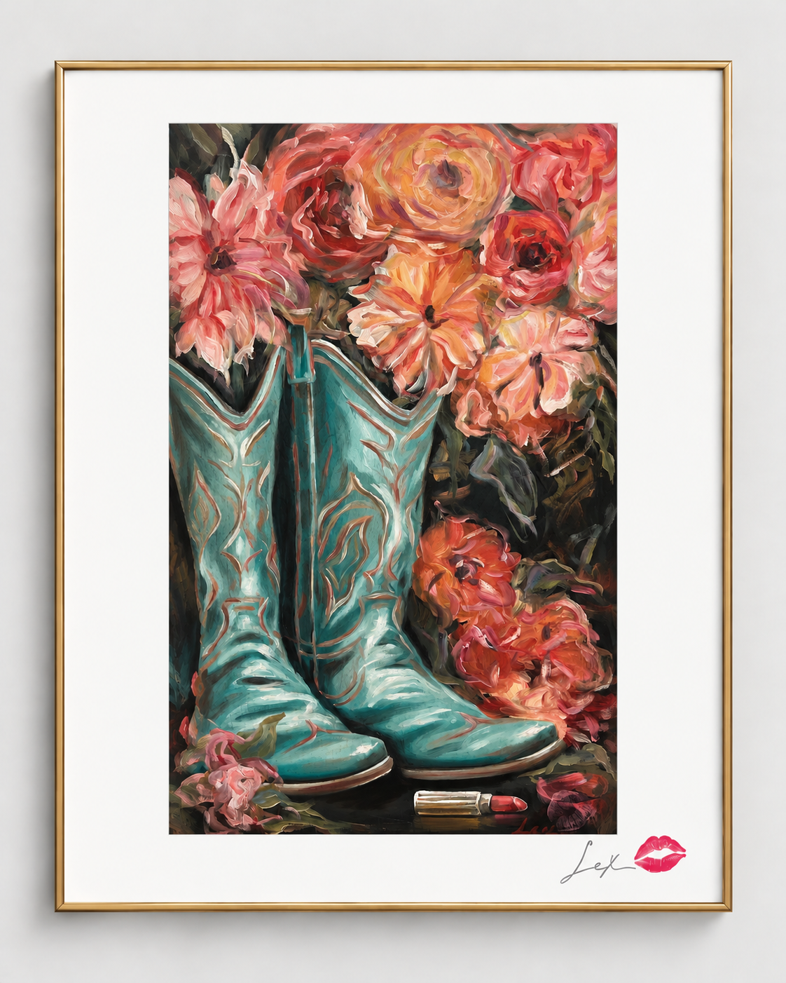 Botas turquesa entre flores y lápiz labial