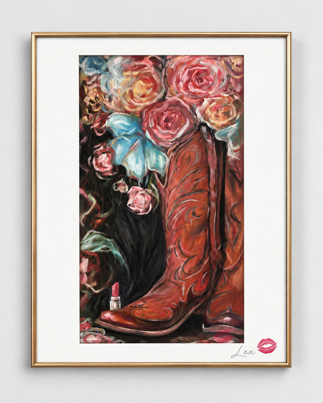 Botas vaqueras entre rosas, firmadas “Lex”