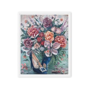 Floral Elegance in Blue – Glamorous Bouquet with Heels / Framed Canvas