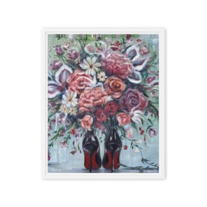 Blooming Into Red Bottoms – Bold Floral Arrangement, Red-Soled Heels / Framed Canvas