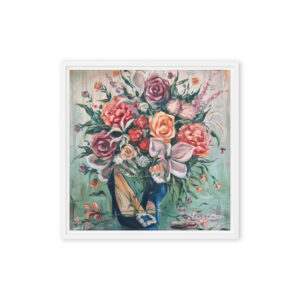 Floral Elegance in Blue – Glamorous Bouquet with Heels / Framed Canvas