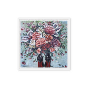 Blooming Into Red Bottoms – Bold Floral Arrangement, Red-Soled Heels / Framed Canvas