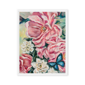 Love at First Flight – Colorful Floral & Hummingbird Wall Art / Framed Canvas